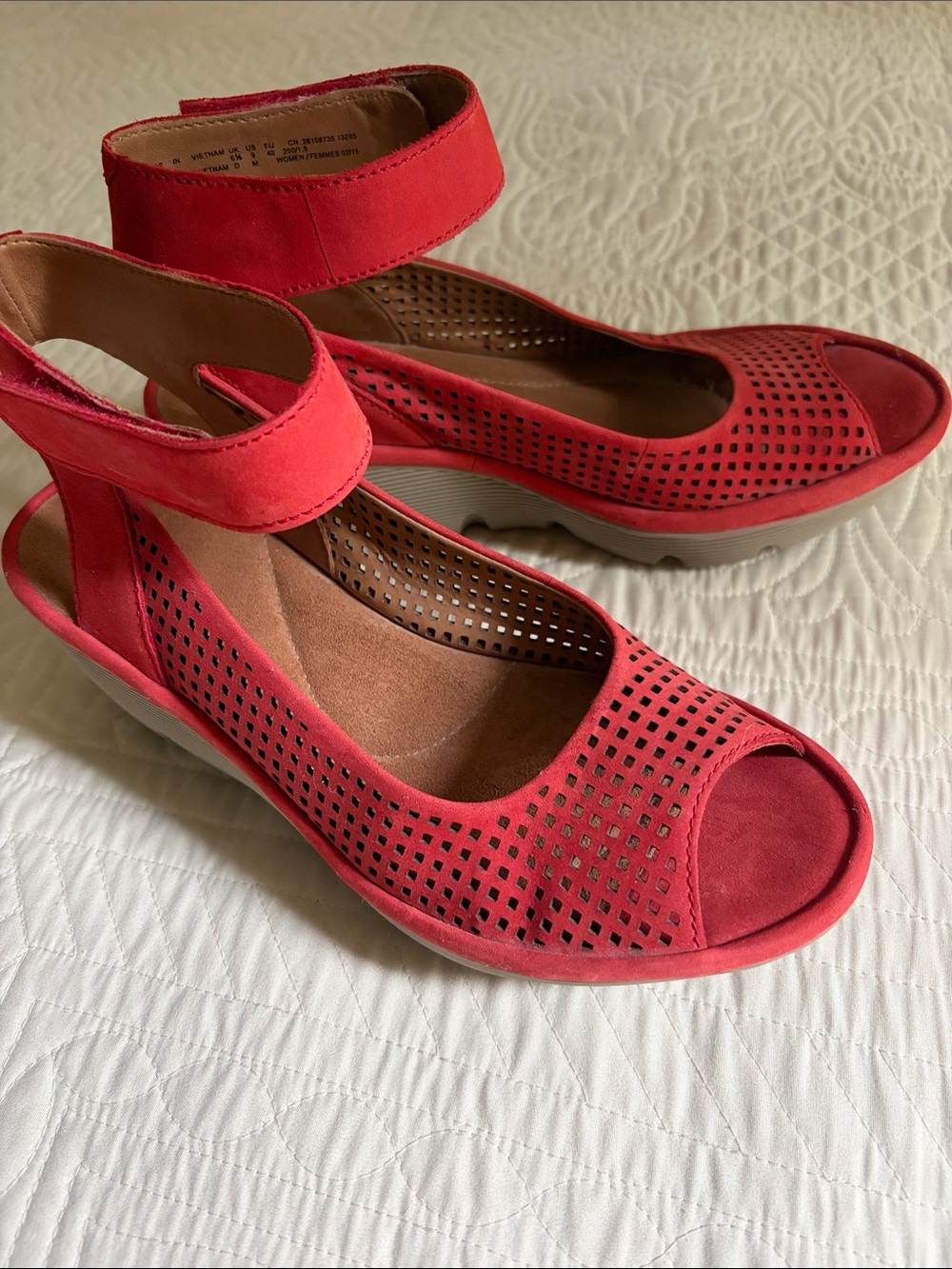 Women’s Red Suede Perforated Peep-Toe Ankle Strap Wedges